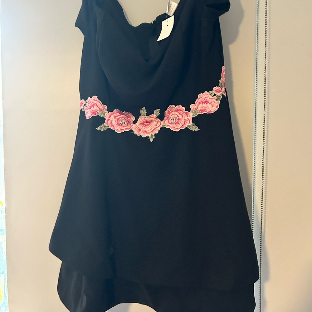Black Dress with Pink Floral Embroidery